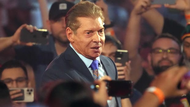 Vince McMahon enters the arena during WrestleMania at AT&T Stadium in 2022.